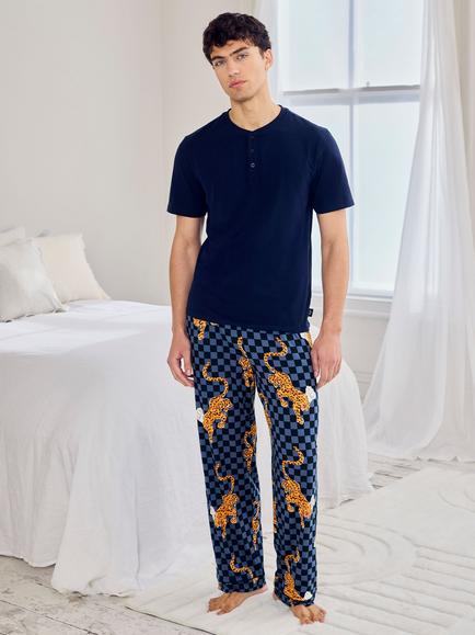 Chelsea Peers Leopard Chef Print Henley T-Shirt Pyjama Set, Navy, Navy