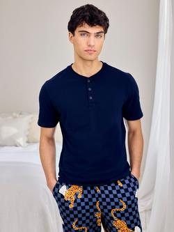 Chelsea Peers Leopard Chef Print Henley T-Shirt Pyjama Set, Navy - view 2, Navy