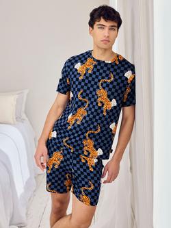 Chelsea Peers Leopard Chef Print Crew Neck Short Pyjama Set, Navy, Navy