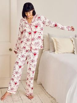 Chelsea Peers Petite Velntine Cherubs Button Down Long Pyjama Set, Pink, Pink