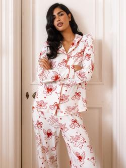 Chelsea Peers Petite Velntine Cherubs Button Down Long Pyjama Set, Pink - view 2, Pink