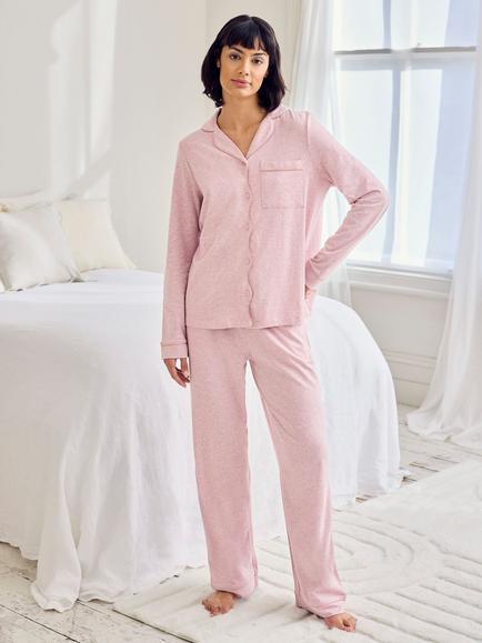 Chelsea Peers Scallop Edge Button Down Long Pyjama Set, Pink, Pink