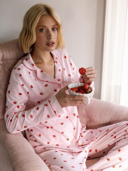 Chelsea Peers Strawberry Button Down Long Pyjama Set, Pink, Pink