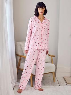 Chelsea Peers Strawberry Button Down Long Pyjama Set, Pink - view 2, Pink
