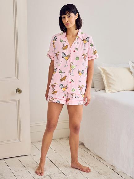 Chelsea Peers Martini Animals Button Down Short Pyjama Set, Pink - view 2, Pink