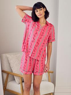 Chelsea Peers Pasta Stripe Button Down Short Pyjama Set, Bright Pink, Bright Pink