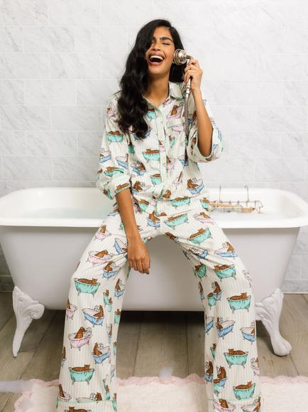 Chelsea Peers Petite Bubble Bath Leopards Button Down Long Pyjama Set, Green, Green