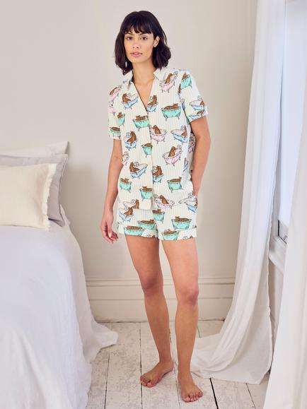 Chelsea Peers Bubble Bath Leopards Button Down Short Pyjama Set, Green - view 2, Green