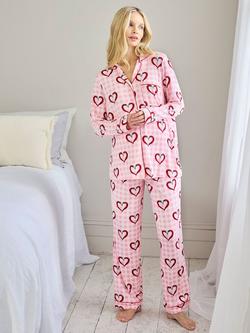 Chelsea Peers Chilli Hearts Button Down Long Maternity Pyjama Set, Pink, Pink