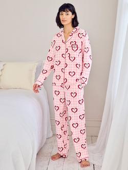 Chelsea Peers Chilli Hearts Button Down Long Pyjama Set, Pink, Pink
