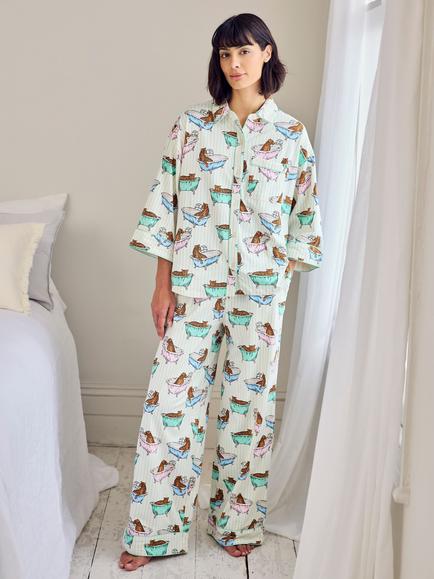 Chelsea Peers Bubble Bath Leopards Button Down Long Pyjama Set, Green - view 2, Green