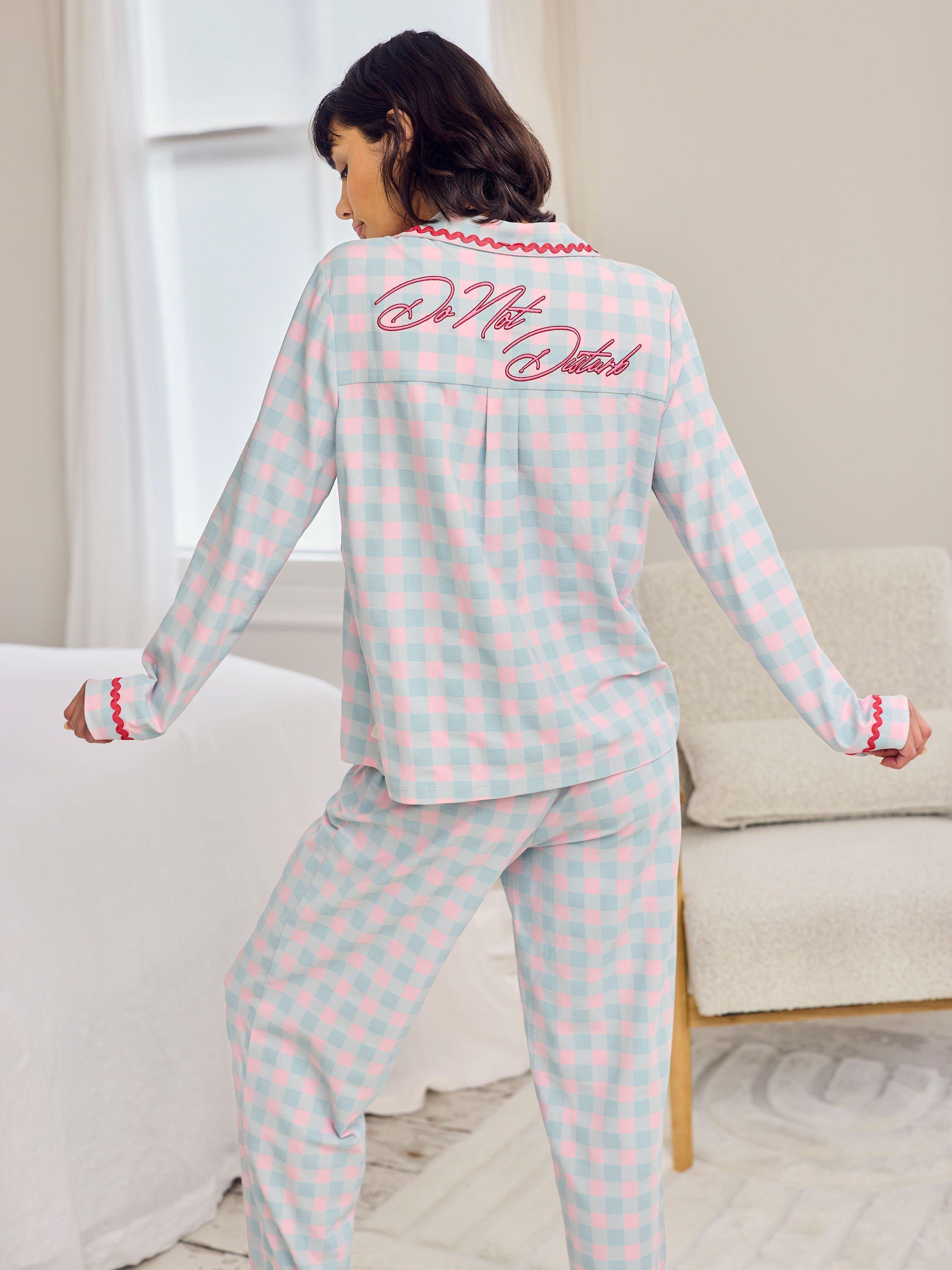 Product image 2 of 8, which shows Chelsea Peers Do Not Disturb Button Down Long Pyjama Set, Blue, 10
