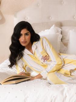 Chelsea Peers Stripe Time for a Nap Button Down Long Pyjama Set, Yellow - view 2, Yellow