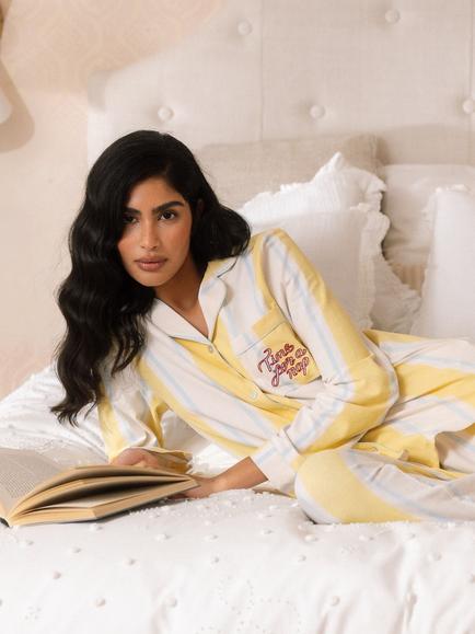 Chelsea Peers Stripe Time for a Nap Button Down Long Pyjama Set, Yellow - view 2, Yellow