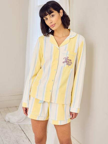 Chelsea Peers Stripe Time for a Nap Button Down Short Pyjama Set, Yellow, Yellow