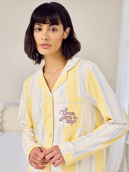Chelsea Peers Stripe Time for a Nap Button Down Short Pyjama Set, Yellow - view 2, Yellow