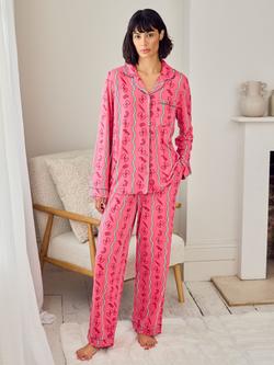 Chelsea Peers Pasta Stripe Button Down Long Pyjama Set, Bright Pink, Bright Pink