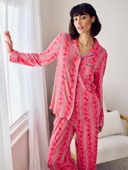 Chelsea Peers Pasta Stripe Button Down Long Pyjama Set, Bright Pink - view 2, Bright Pink