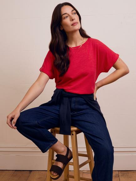 Celtic & Co. Crew Neck Grown On Sleeve T-Shirt, Red Tulip, Red Tulip