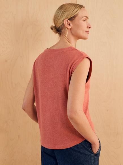 Celtic & Co. Button Through V-Neck Cotton Blend Top - view 2, Redwood