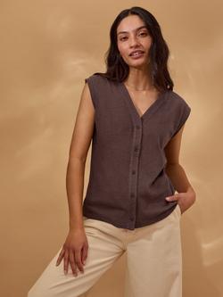 Celtic & Co. Button Through V-Neck Cotton Blend Top, Chocolate