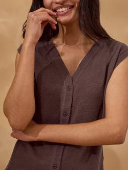 Celtic & Co. Button Through V-Neck Cotton Blend Top - view 2, Chocolate