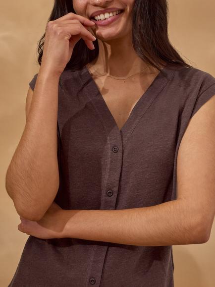 Celtic & Co. Button Through V-Neck Cotton Blend Top - view 2, Chocolate