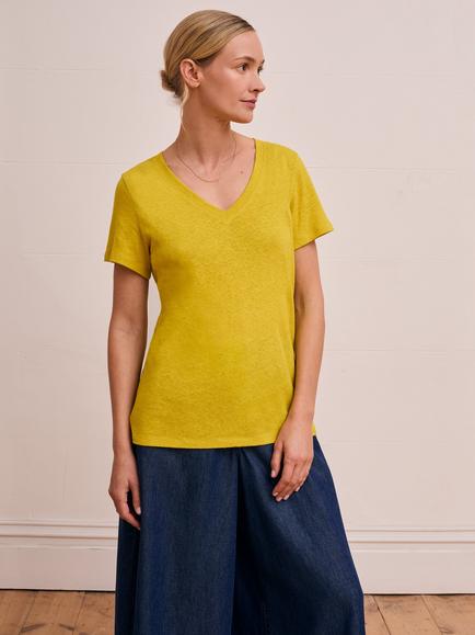 Celtic & Co. V-Neck Linen Blend T-Shirt, Golden Olive