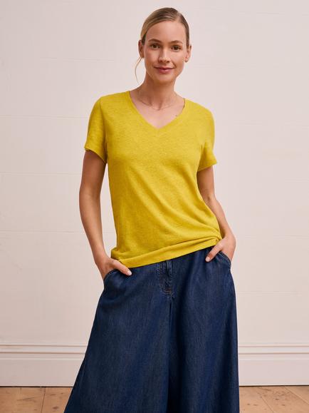 Celtic & Co. V-Neck Linen Blend T-Shirt - view 2, Golden Olive