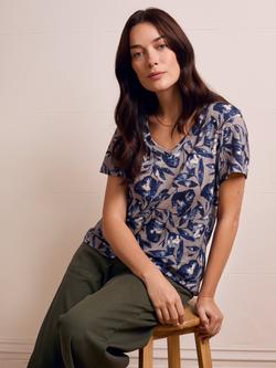 Celtic & Co. V-Neck Leaves Linen Blend T-Shirt, Blue, Blue