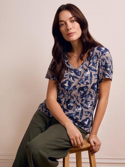 Celtic & Co. V-Neck Leaves Linen Blend T-Shirt, Blue, Blue