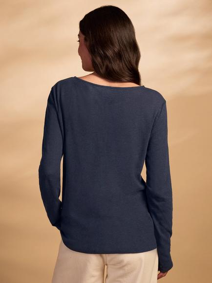Celtic & Co. Flat Lock Stitch Linen Blend Top, Navy - view 2, Navy