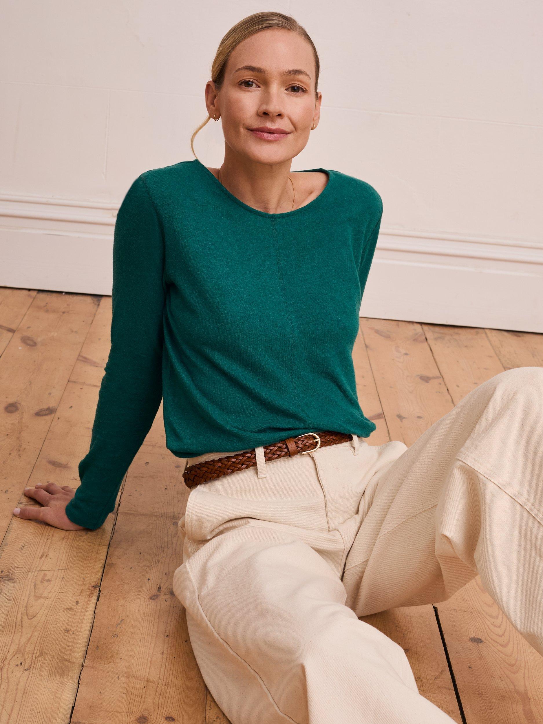 Product image 2 of 7, which shows Celtic & Co. Crew Neck Linen Blend Top, Teal, 8