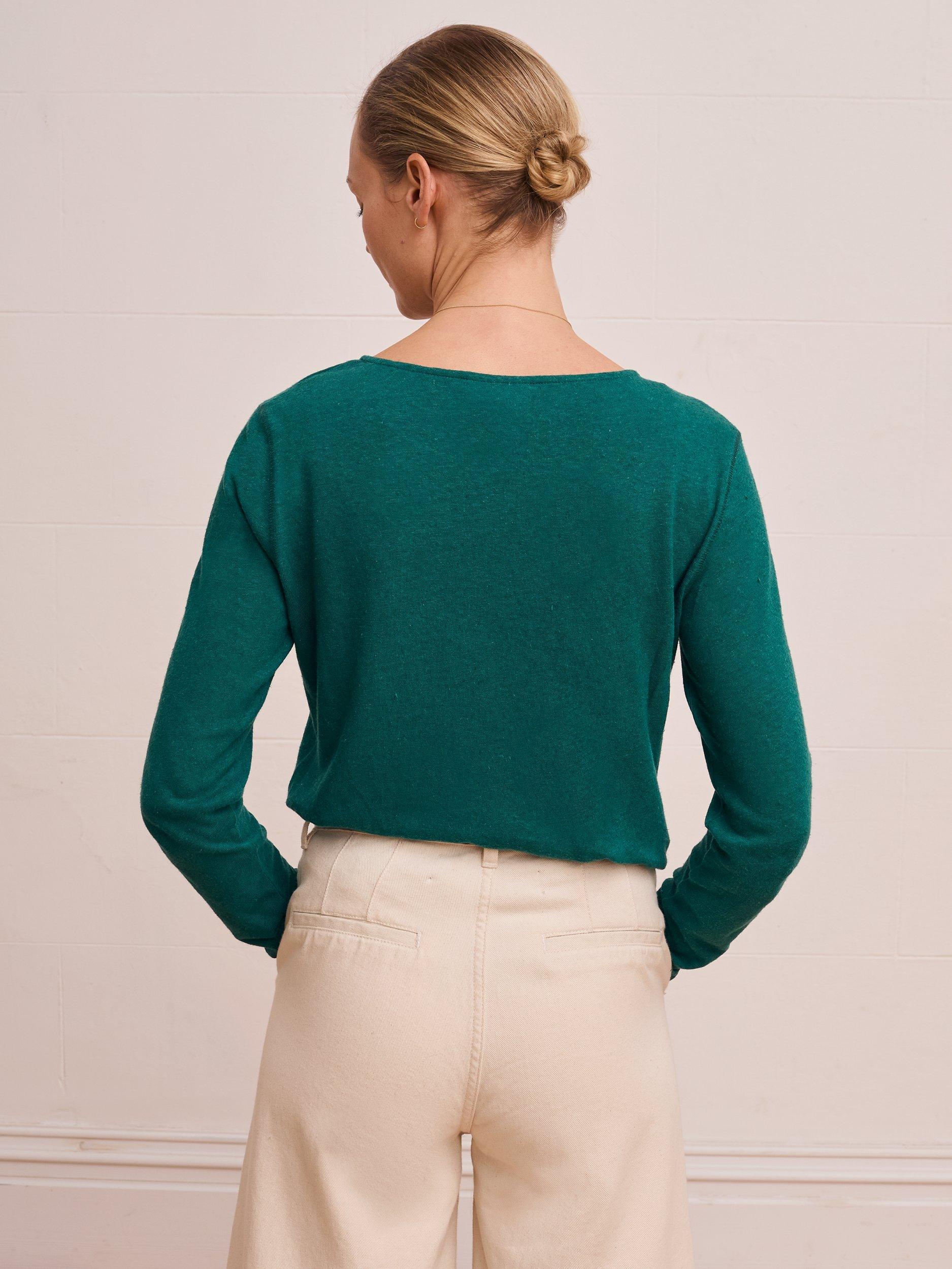 Product image 4 of 7, which shows Celtic & Co. Crew Neck Linen Blend Top, Teal, 8
