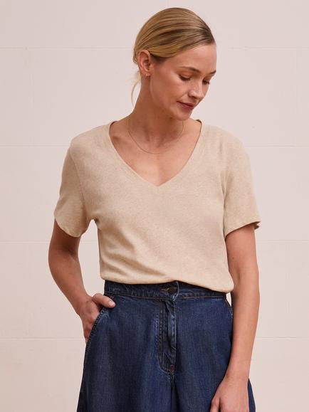 Celtic & Co. V-Neck Linen Blend T-Shirt, Ecru, Ecru