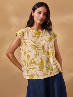 Celtic & Co. Fold Collar Floral Linen Rich Top, Moss Floral, Moss Floral