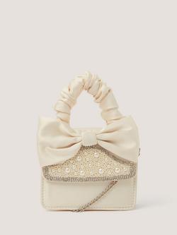 Monsoon Kids' Pearl Embellished Bow Bag, Ivory, Ivory