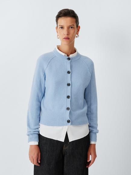 John Lewis Soft Cotton Blend Knit Crew Neck Cardigan, Pale Blue, Pale Blue