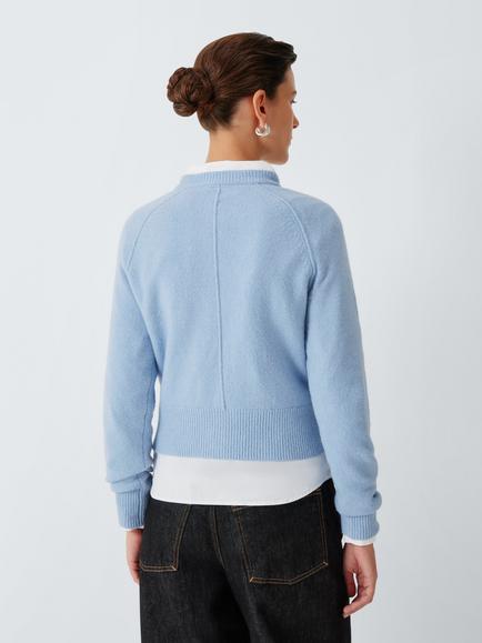 John Lewis Soft Cotton Blend Knit Crew Neck Cardigan, Pale Blue - view 2, Pale Blue