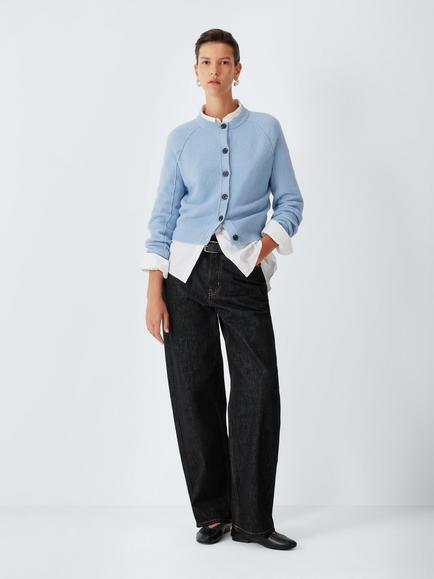 John Lewis Soft Cotton Blend Round Neck Cardigan, Pale Blue