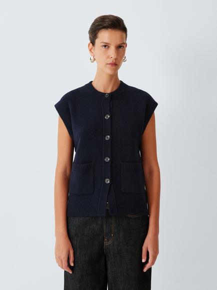 John Lewis Soft Cotton Blend Knit Crew Neck Waistcoat, Navy