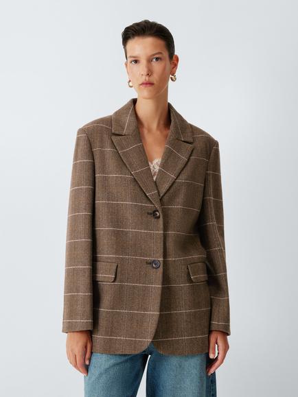 John Lewis Grid Check Wool Blend Single Breasted Jacket, Check, Check