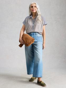 White Stuff Orla Pure Cotton Short Sleeve Printed Blouse, Blue, Blue