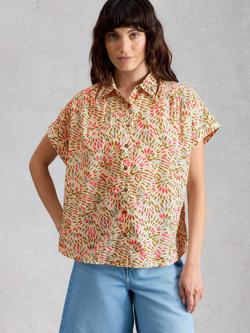 White Stuff Orla Pure Cotton Short Sleeve Printed Blouse, Ivory/Multi, Ivory/Multi