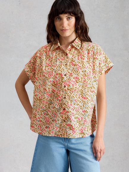 White Stuff Orla Pure Cotton Short Sleeve Printed Blouse, Ivory/Multi, Ivory/Multi