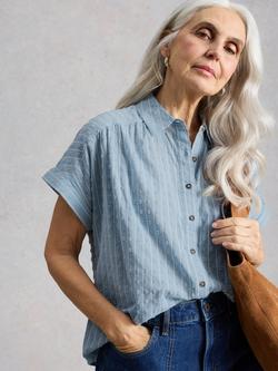 White Stuff Orla Pure Cotton Short Sleeve Textured Blouse, Blue, Blue