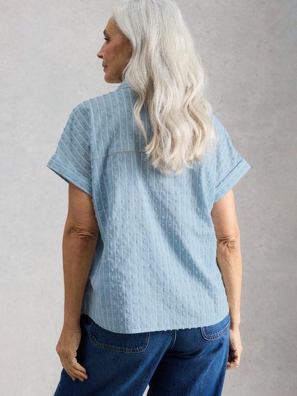 White Stuff Orla Pure Cotton Short Sleeve Textured Blouse, Blue - view 2, Blue