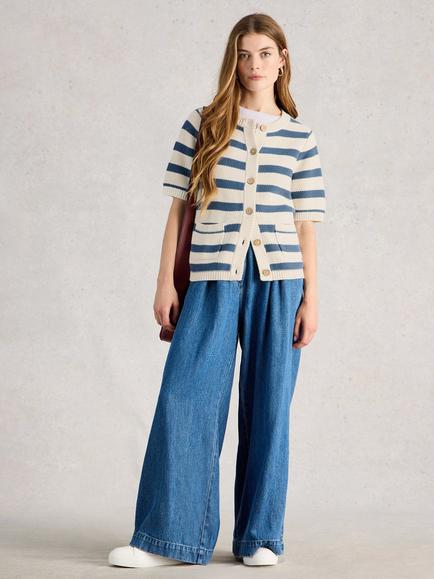 White Stuff Isabella Organic Cotton Striped Cardigan, Blue/White, Blue/White