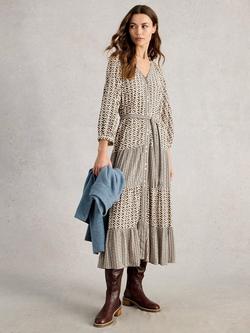 White Stuff Clementine Abstract Print Dress, Cream/Brown, Cream/Brown