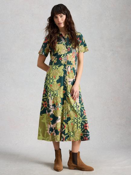 White Stuff Rua Abstract Shirt Dress, Green/Multi, Green/Multi